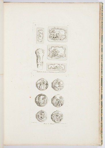 Differents desseins de Tabatières, et pomme de canne, cinquième planche [Different Designs for Snuff Boxes and a Cane Handle, 5th Plate], pl. 53 in Oeuvre de Juste-Aurèle Meissonnier