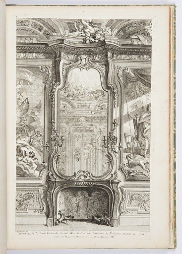 Cabinet de Mr. le Comte Bielenski (sic), Grand Maréchal de la Couronne de Pologne executé en 1734; Chiminée avec glace, avec de chaque côté une partie du lambris d'appui et des peintures, 1st Plate, plate 87 in l'Oeuvre de Juste Aurèle Meissonier, Paris, 1748