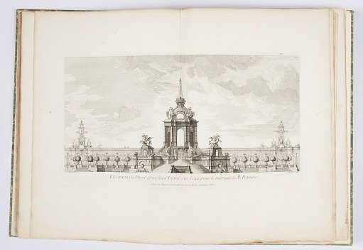 Projet d'un feu d'Artifice sur l'eau pour le mariage de Me. Première (Design for Fireworks over Water for the Marriage of Madame Premiere [Elizabeth of France], plate 112, in Oeuvres de Juste-Aurèle Meissonnier