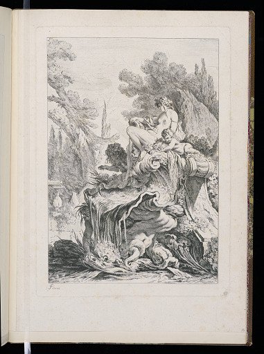 Une fontaine avec une naïade assise sur une conque