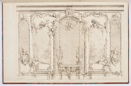 Elevation of Interior with Mirror, Console Tables, and Sofas