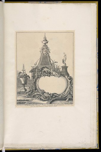 Cartouche decoré d'une fontaine en piramide