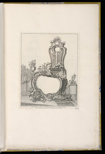 Cartouche representant fontaine et jardinages