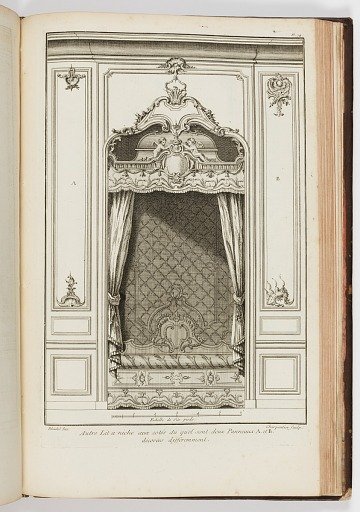 Autre Lit a niche aux cotés du quell sont deux Panneaux A. et B. décorées différement, plate 74 in Livre Nouveau ou Regalis des cinq Ordres, par Jacques Barozzio de Vignole