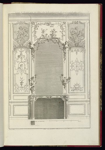 Dessein de Cheminée pour un Cabinet dont la decoration variée du Lambris est des plus riches