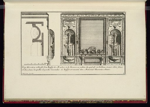 Plan, Elevation et Profil d'un Buffet de Marbre et de Bronze, au milieu du quel est un Tableau et aux côtez deux Niches, dans lesquelles il y a des Cascades