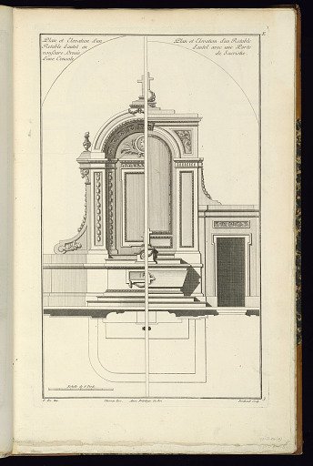 Plan et Elevation d'un Retables d'autel en voußure, Ornée d'une Console [et] Plan et Elevation d'un Retable d'autel avec une Porte de Sacristie