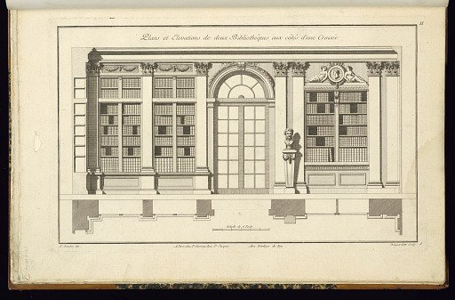 Plans et Elevations de deux Bibliothèques aux côtés d'une Croisée