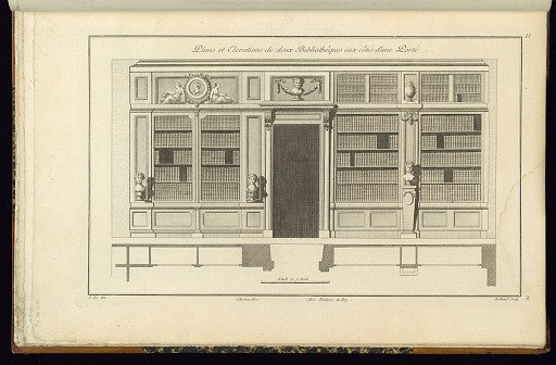 Plans et Elevations de deux Bibliothèques aux côtés d'une Porte