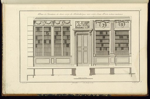 Plans et Elevations de deux corps de Bibliothèques aux côtés d'une Porte à deux ventaux