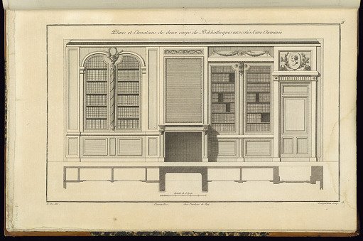 Plans et Elevations de deux corps de Bibliothèques aux côtés d'une Cheminée