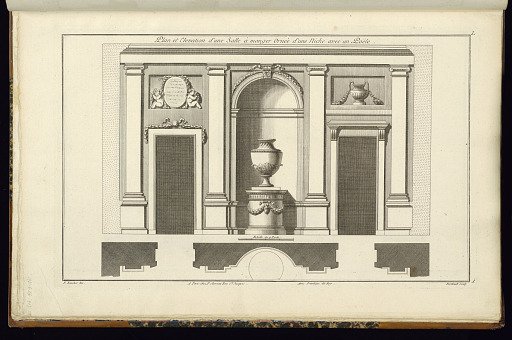 Plan et Elevation d'une Salle à manger Ornée d'une niche avec un Poële