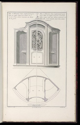 Plan et Elévation d’un Confessional posé dans un angle lequel est ceintré en S. / et orné d’une arrière-voussure au dessus de la porte / Plan et Elévation d’un Confessional aussi posé dans un angle, la porte ouvrante plein ceintre sous une arriere-voussure de Marseille, et la corniche ornée d’un cei