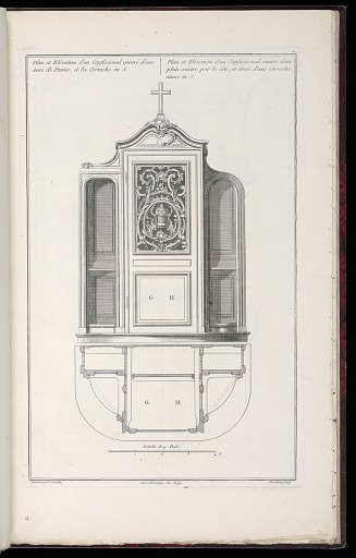 Plan et Elévation d’un Confessional ceintré d’une ance de Panier, et la Corniche en S. / Plan et Elévation d’un Confessional ceintré d’un plein ceintre par le côté, et orné d’une Corniche aussi en S.