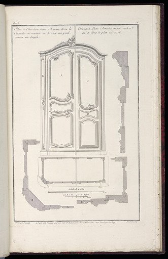 Plan et Elevation d’une Armoire dans la Corniche est ceintrée en S. avec un pied cormier sur l’angle / Elévation d’une Armoire aussi ceintrée en S. dont le plan est carré