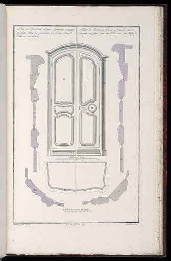 Plan et Elevation d’une Armoire ceintrée en plan, dont la Corniche est ornée d’un Ceintre surbaissé / Plan et Elévation d’une Armoire aussi ceintrée en en plan, avec un Pilastre sur l’angle