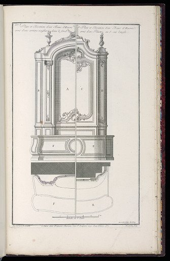 Plan et Elévation d’un Banc d’Oeuvre orné d’une arriere voussures dans le fond. / Plan et Elévation d’un Banc d’œuvre orné d’un Pilastre en S. sur l’angle