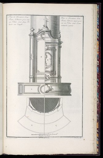 Plan et Elévation d’un Banc d’œuvre pose sur un Pilier, orné d’un Pilastre sur l’angle / Plan et Elévation d’un Banc d’œuvre aussi pose sur un Pilier orné d’une Corniche carrée