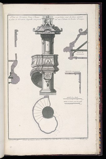 Plan et Elévation d’une Chaire en plan et élévation, laquelle est posée à prêcher, vuë de face, ceintrée sur une Colonne de l’ordre Dorique