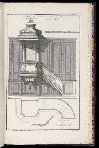 Plan et Elévation d’une Chaire posée contre un mur, avec sa partie de Lambris