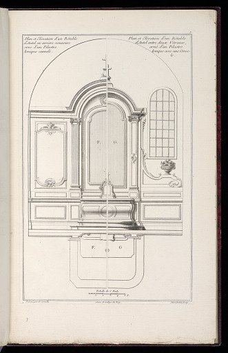 Plan et Elévation d’un Rétable d’Autel en arrière voussure orne d’un Pilastre Ionique cannelé /Plan et Elévation d’un Rétable d’Autel entre deux Vitraux, orné d’un Pilastre Ionique avec une console