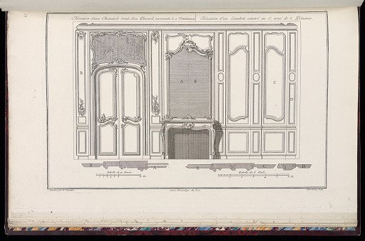 Elévation d’une Cheminée ornée d’un Placard, ouvrante à 2 Venteaux / Elévation d’un Lambris ceintré en S. orné de 3. Pilastres