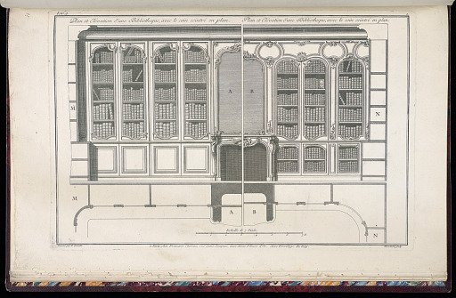 Plan et Elévation d’une Bibliotheque, avec le coin ceintré en plan