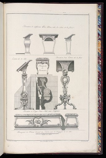 Elévation de différens Prie-Dieu, vûs de côtes et de face./ Lutrin vû de côté / Banquette de Sanctuaire / Elévation d’un Lutrin vû de face / Elévation et Coupe d’une Stale sans Sculpture. / Banquette de Chœur devant un Lutrin, vuë de longueur et de côté