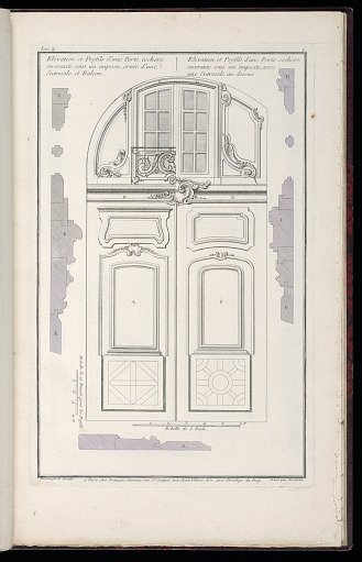 Elévation et Profils d’une Porte cochere ouvrante sous un imposte, ornée d’une Entresole et Balcon / Elévation et Profils d’une Porte cochere ouvrante sous un imposte, avec une Entresole au dessus