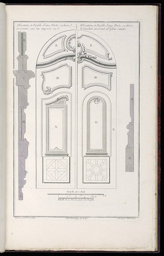 Elévation et Profils d’une Porte cochere ouvrante, sous un imposte en S.;/ Elévation et Profils d’une Porte cochere, le Guichet ouvrant en plein Ceintre