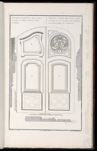 Elévation et Profils d’une Porte cochere ouvrante en Ceintre surbaisse dans le tableau / Elévation et Profils d’une Porte cochere, ouvrante en anse de Panier dans le tableau, orné d’un Grillage de Serrurrerie