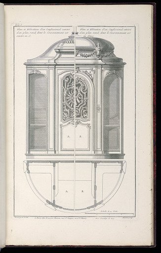 Plan et Elévation d’un Confessional ceintré d’un plan rond, dont le Couronnement est ceintre en S./ Plan et Elévation d’un Confessional ceintré d’un plan rond, dont le Couronnement est en dôme