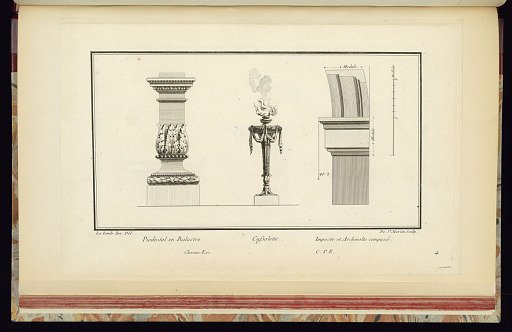 Piedestal en Balustre. Cassolette. Imposte et Archivolte composés.