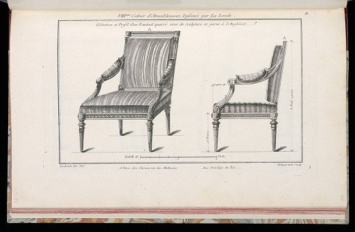 Elévation et Profil d'un Fauteuil quarré orné de Sculpture et garni à l'Angloise