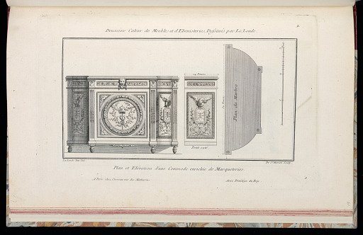 Plan et Elévation d'une Commode enrichie de Marqueteries