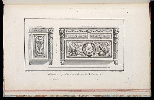 Elévation et Profil d'une Commode enrichie de Marqueterie