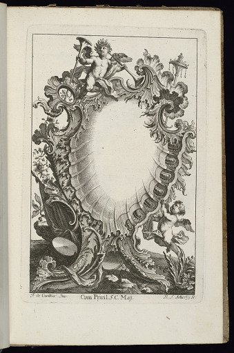 Cartouche with Putto Holding Trumpets