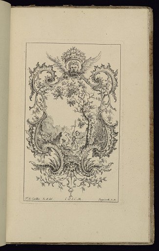 Cartouche with Putti in Landscape