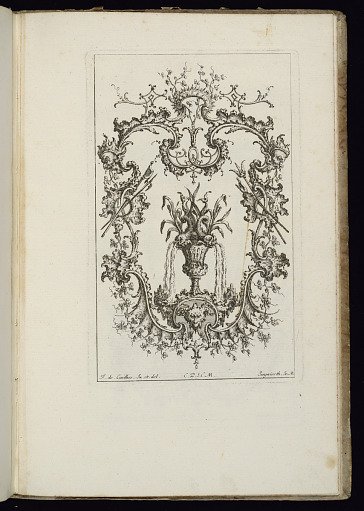 Cartouche with Vase and Dolphins