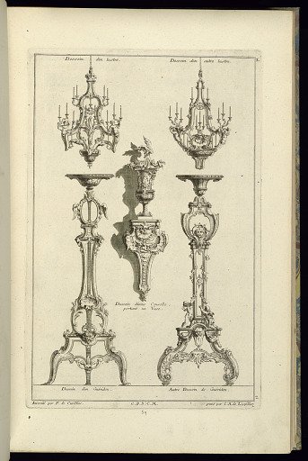 Design for Two Chandeliers, Two Gueridons, and a Wall Bracket with a Vase