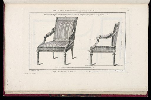 Elévation et Profil d'un Fauteuil quarré orné de Sculpture et garni à l'Angloise