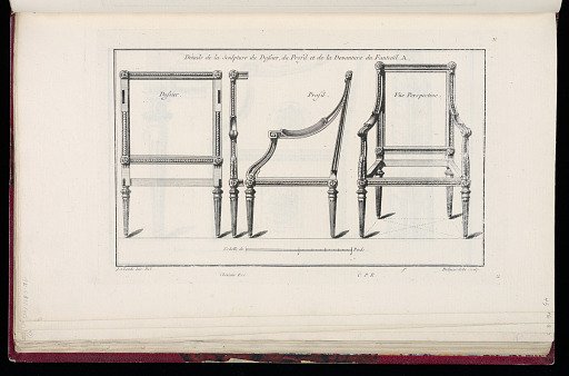 Détails de la Sculpture du Dossier, du Profil, et de la Devanture du Fauteuil A