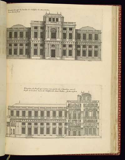 Elevation de costé du Jardin de l’Edifice de Monsr. Jabba (Upper Plate) / Elevation du Profil qui montre une partie des Chambres avec le Profil de la demi Lune de l’Edifice de Monsr. Jabba. (Lower Plate)