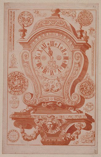 Design for a Clock, plate 4, from Nouveaux livre de boites de pendulles de coqs et etuys de montres et autres necessaire au Orlogeurs