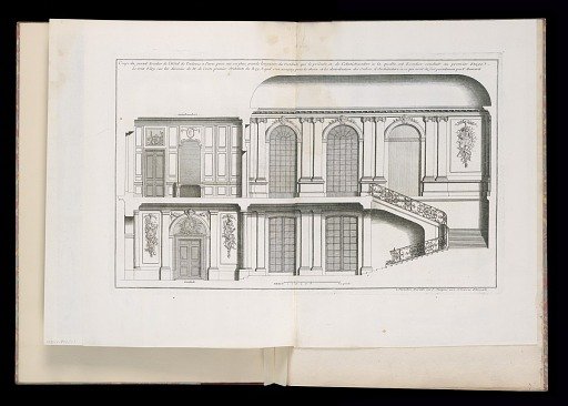 Coupe du grand Escalier de l’Hôtel de Toulouse à Paris, prise sur sa plus grande longueur, du Vestibule qui le precede, et de l’Antichambre à la quelle cet Escalier conduit au premier Etage