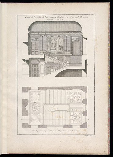 Coupe de l’Escalier de l’Appartement des Princes, au Château de Versailles / Plan du premier étage de l’Escalier de l’Appartement des Princes