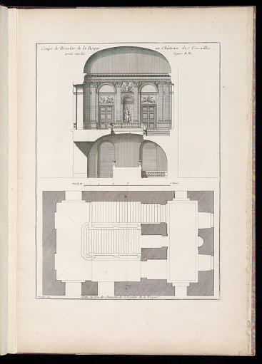 Coupe de l’Escalier de la Reyne au Château de Versailles / Plan au rez-de-chaussée de l’Escalier de la Reyne