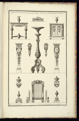 Table, Ecritoire, Armoire, Torchere, Gaines, Plaque à Branches et Girondoles, Ecran et Feux
