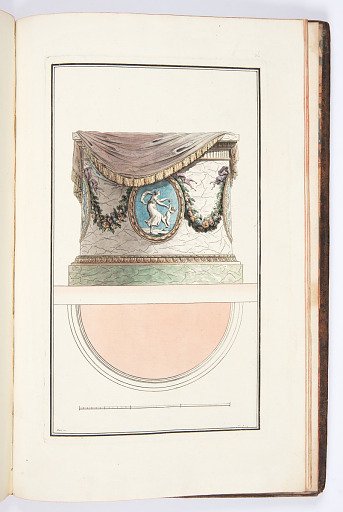 POELE circulaire couronné d’un draperie, orné de médaillons et guirlandes, d’un genre neuf et très-galant