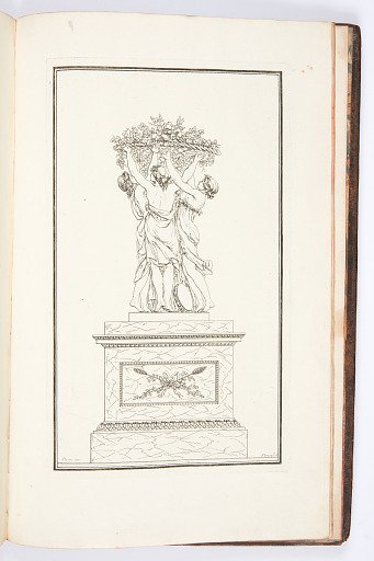 POELE élégant en forme de pied-d’estal, surmonté d’un grouppe de figures de femmes portant une corbeille
